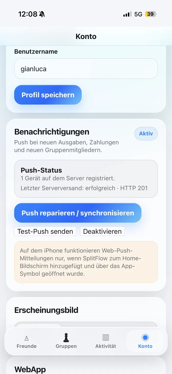 SplitFlow Konto mit aktivierten Push-Mitteilungen und Push-Status