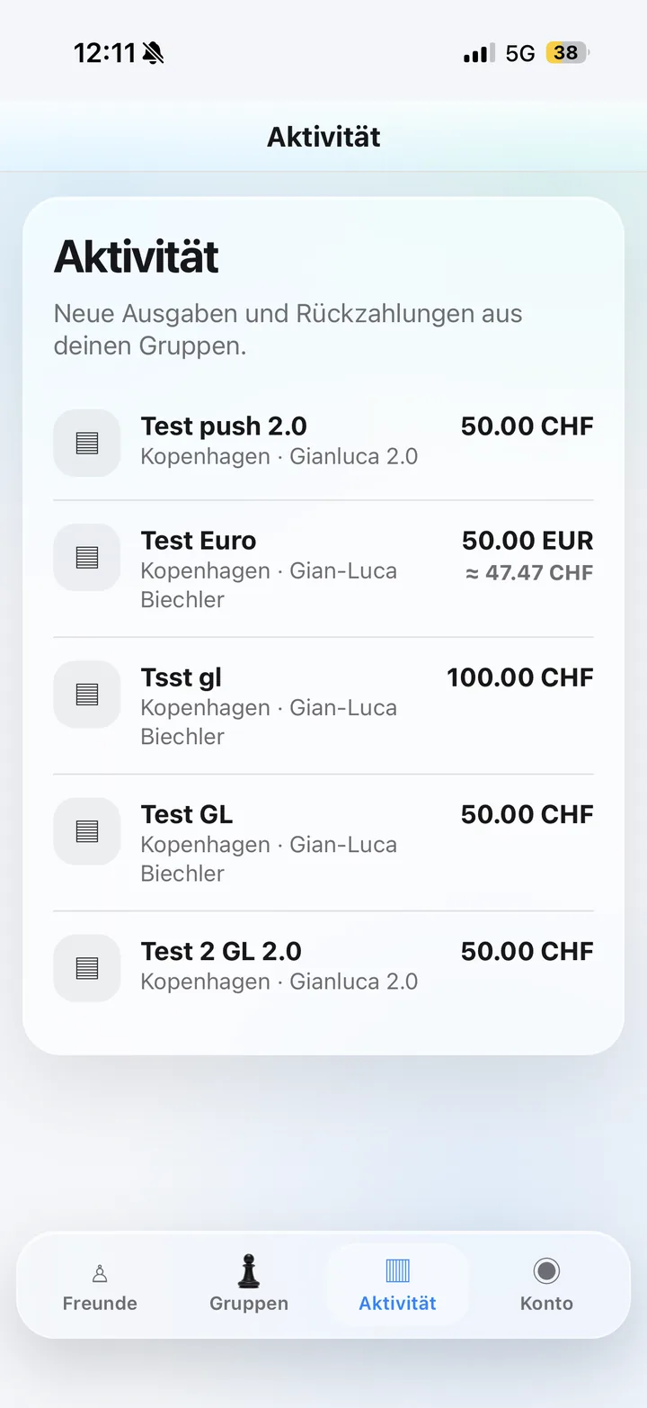 Aktivitätsübersicht in SplitFlow mit letzten Ausgaben