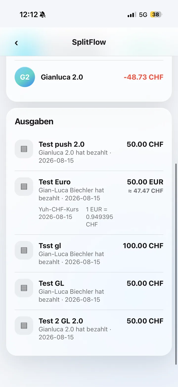 Liste gemeinsamer Ausgaben mit Euro-Originalbetrag und CHF-Umrechnung in SplitFlow