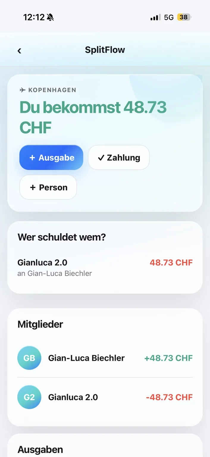 Detailansicht einer SplitFlow Gruppe mit Schulden, Mitgliedern und Reisekosten