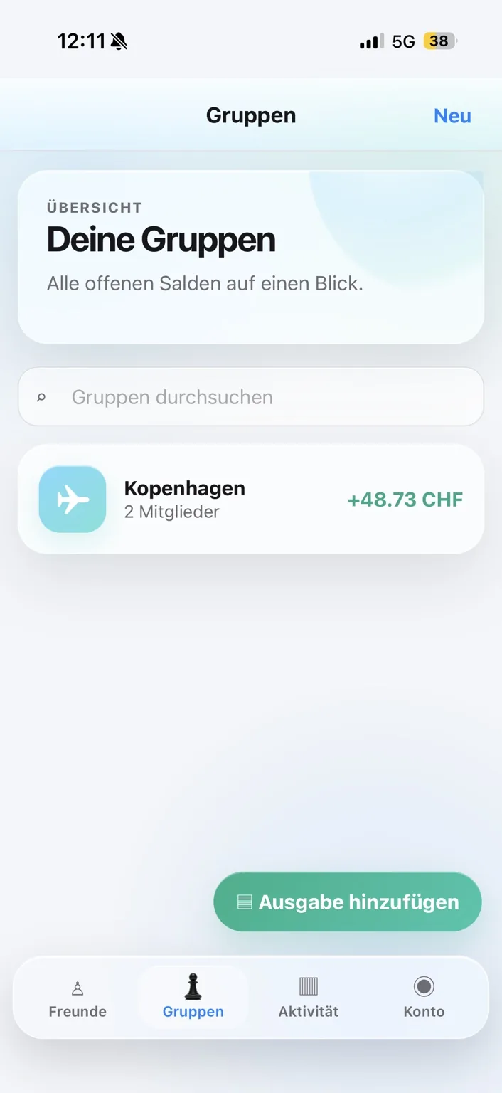 Gruppenübersicht in SplitFlow mit der Reisegruppe Kopenhagen und offenem Saldo